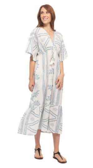 Kimono Dress  - white+blue lotus - cotton
