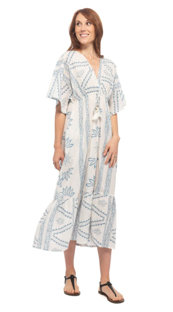 Kimono Dress  - white+blue lotus - cotton