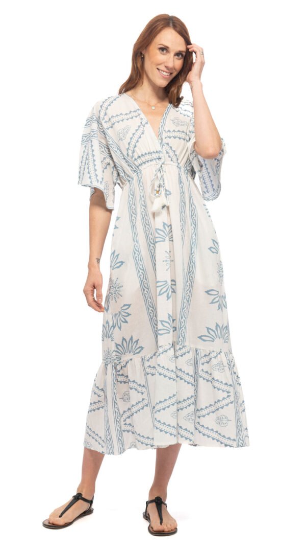 Kimono Dress  - white+blue lotus - cotton