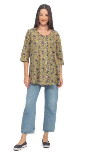 Sara Top-mustard-org.cotton blockprint